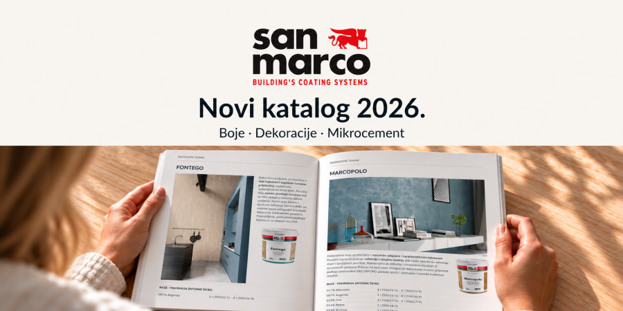 Preuzmite San Marco katalog 2026: boje za zidove i fasade, dekorativne tehnike, CONTINUO mikrocement i ALLOVER dekorativni podovi. Dugatehna BiH.