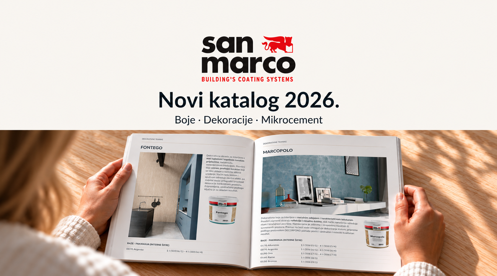 Preuzmite San Marco katalog 2026: boje za zidove i fasade, dekorativne tehnike, CONTINUO mikrocement i ALLOVER dekorativni podovi. Dugatehna BiH.